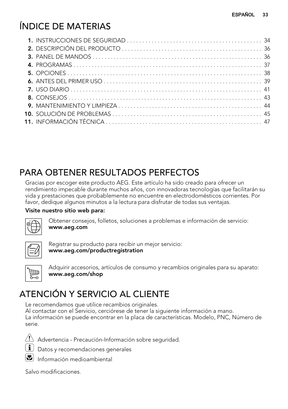 Índice de materias, Para obtener resultados perfectos, Atención y servicio al cliente | AEG F65020IM0P User Manual | Page 33 / 52