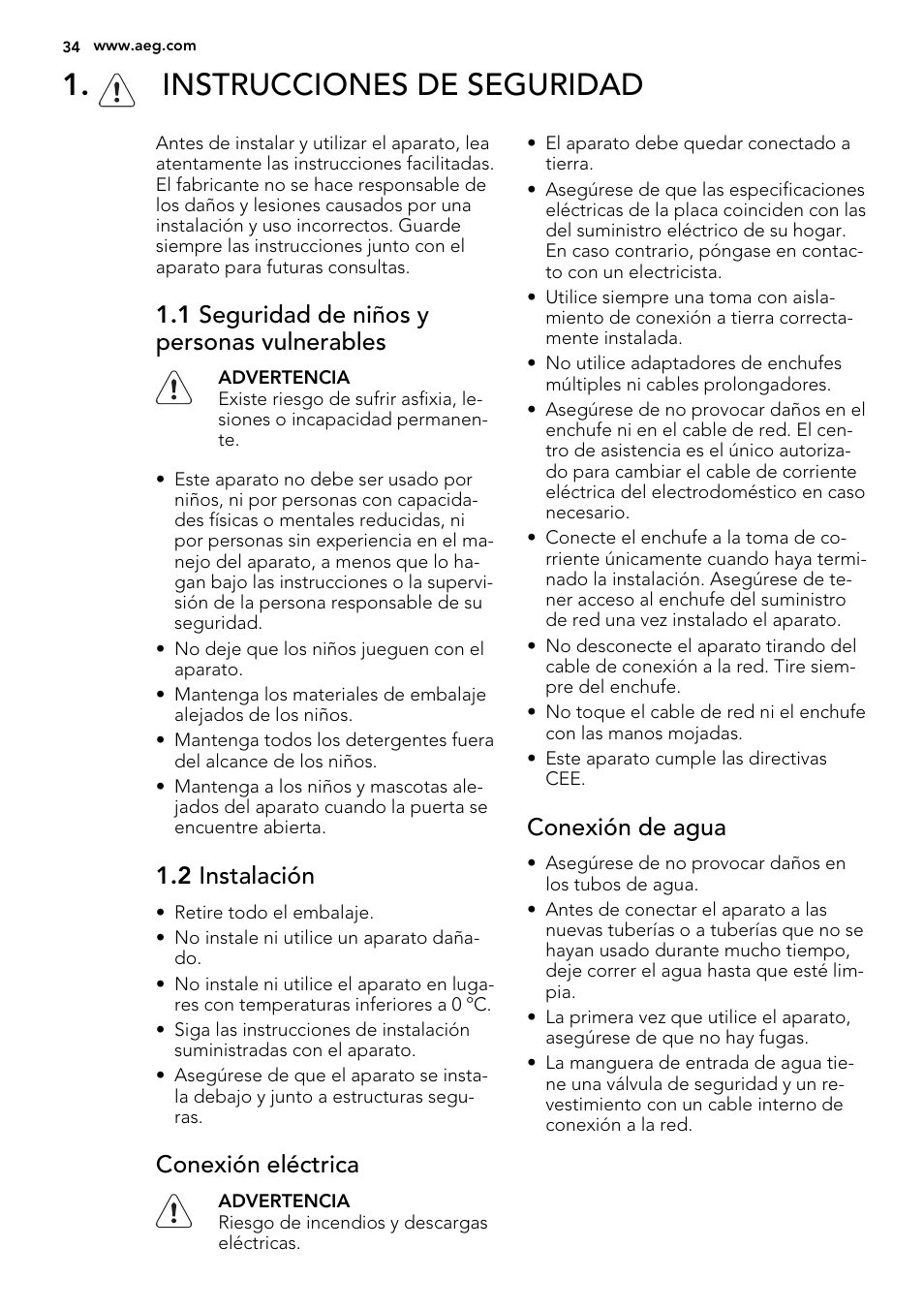 Instrucciones de seguridad, 1 seguridad de niños y personas vulnerables, 2 instalación | Conexión eléctrica, Conexión de agua | AEG F65020IM0P User Manual | Page 34 / 52