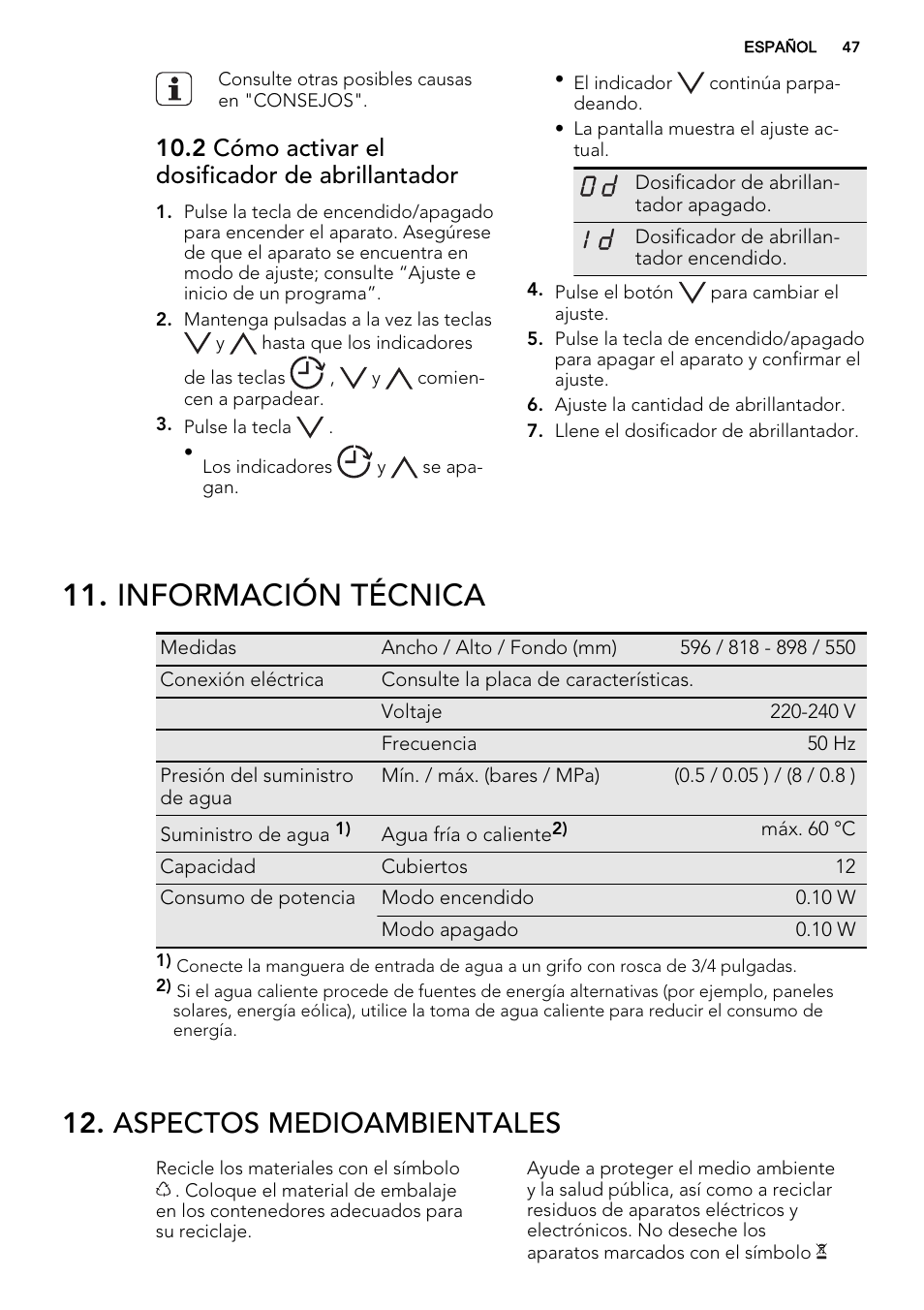 Información técnica, Aspectos medioambientales, 2 cómo activar el dosificador de abrillantador | AEG F65020IM0P User Manual | Page 47 / 52