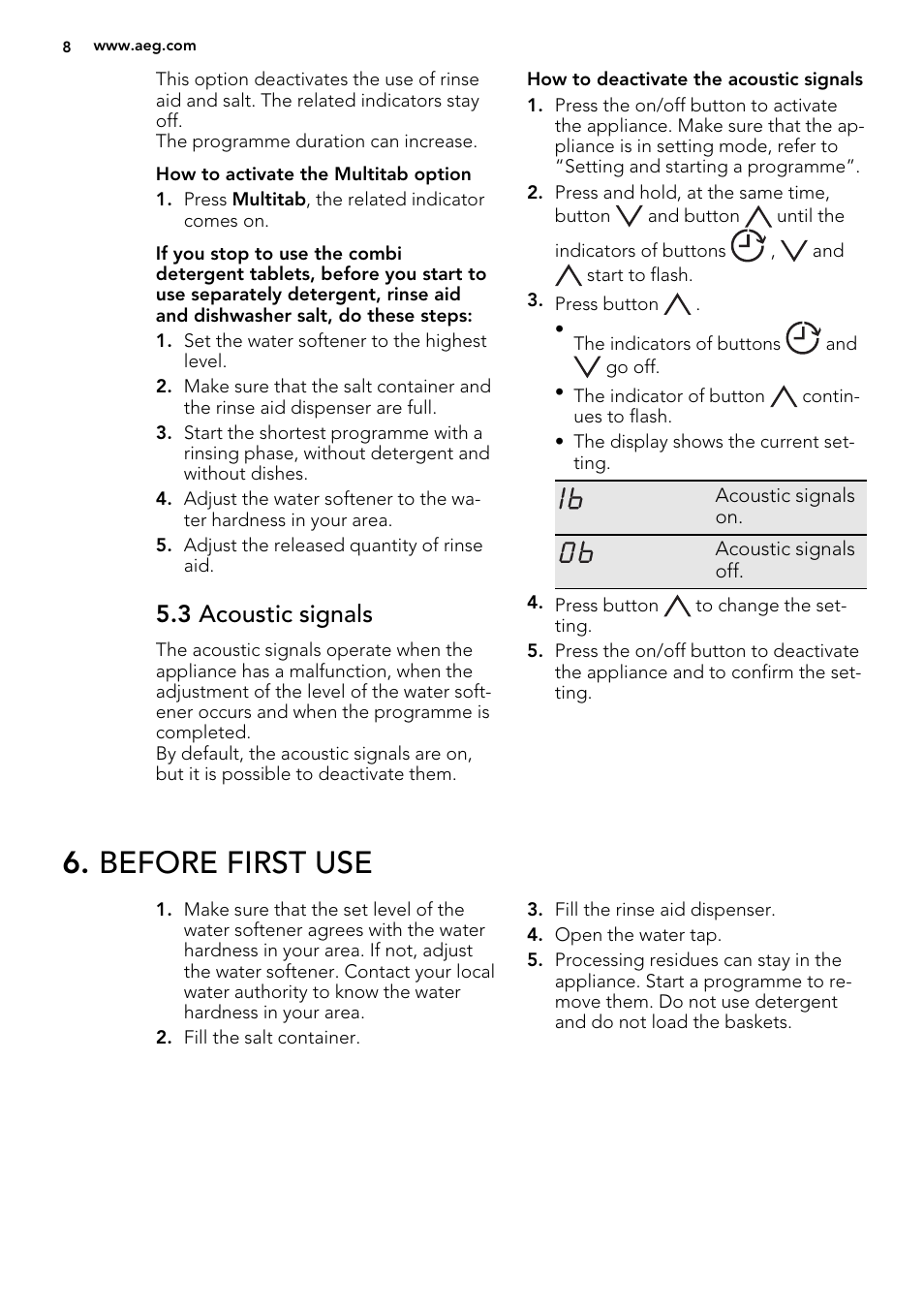 Before first use, 3 acoustic signals | AEG F65020IM0P User Manual | Page 8 / 52