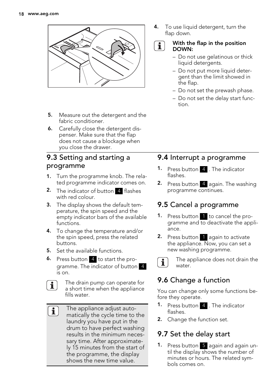 3 setting and starting a programme, 4 interrupt a programme, 5 cancel a programme | 6 change a function, 7 set the delay start | AEG L85275XFL User Manual | Page 18 / 68