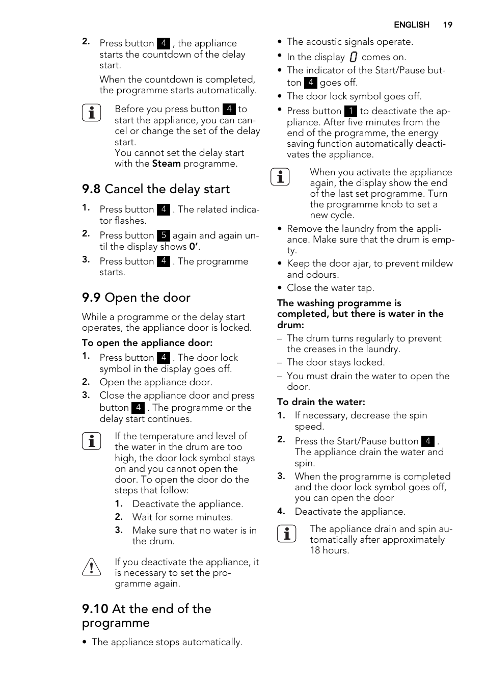 8 cancel the delay start, 9 open the door, 10 at the end of the programme | AEG L85275XFL User Manual | Page 19 / 68