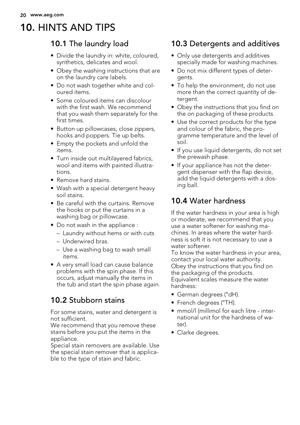 Hints and tips, 1 the laundry load, 2 stubborn stains | 3 detergents and additives, 4 water hardness | AEG L85275XFL User Manual | Page 20 / 68