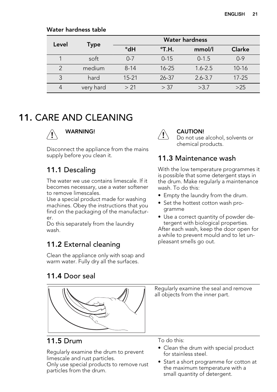Care and cleaning, 1 descaling, 2 external cleaning | 3 maintenance wash, 4 door seal, 5 drum | AEG L85275XFL User Manual | Page 21 / 68