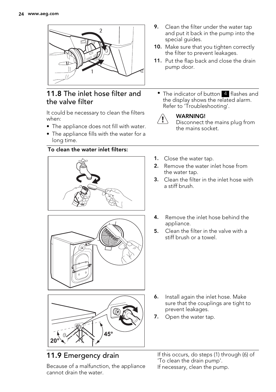 8 the inlet hose filter and the valve filter, 9 emergency drain | AEG L85275XFL User Manual | Page 24 / 68