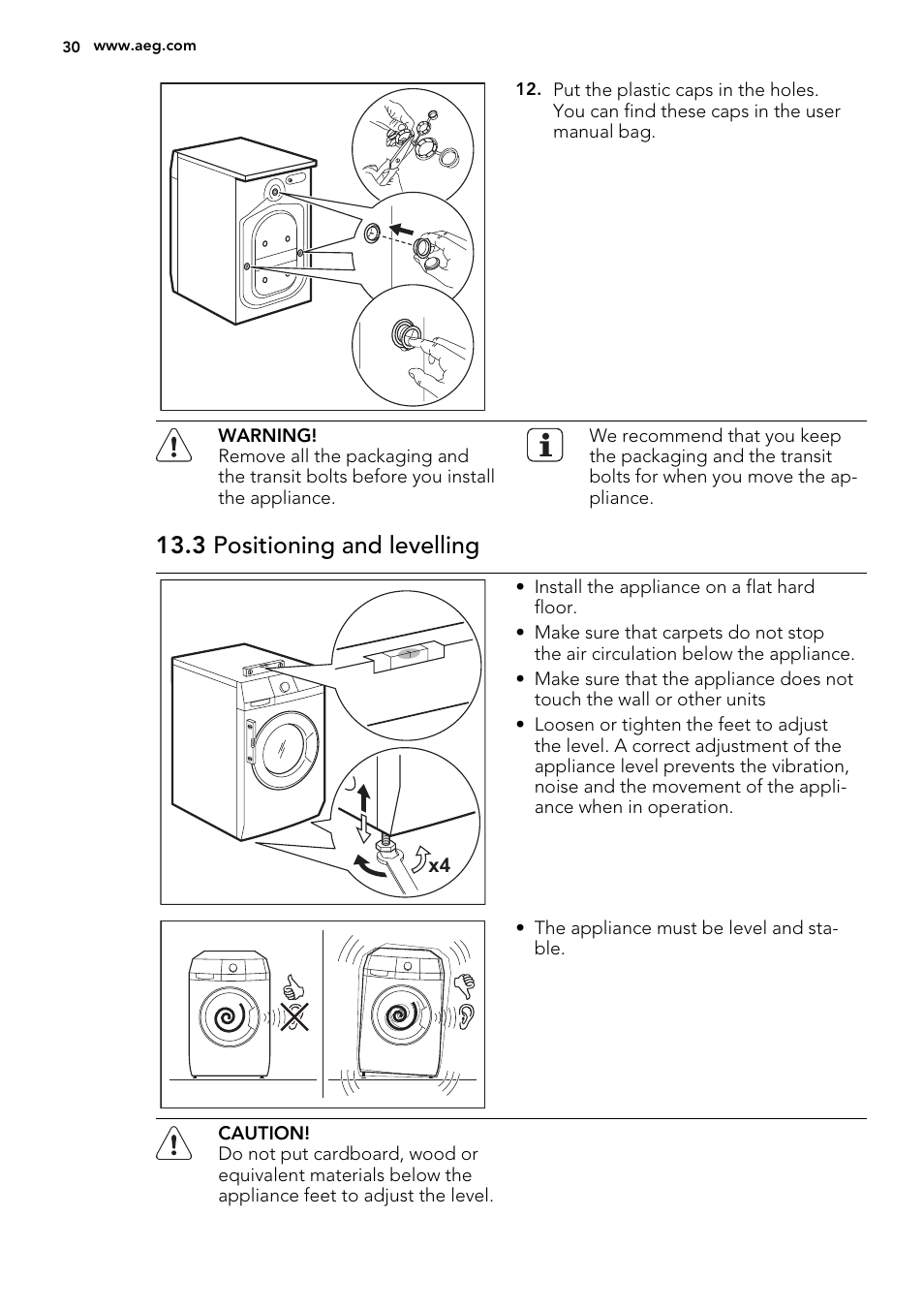 3 positioning and levelling | AEG L85275XFL User Manual | Page 30 / 68