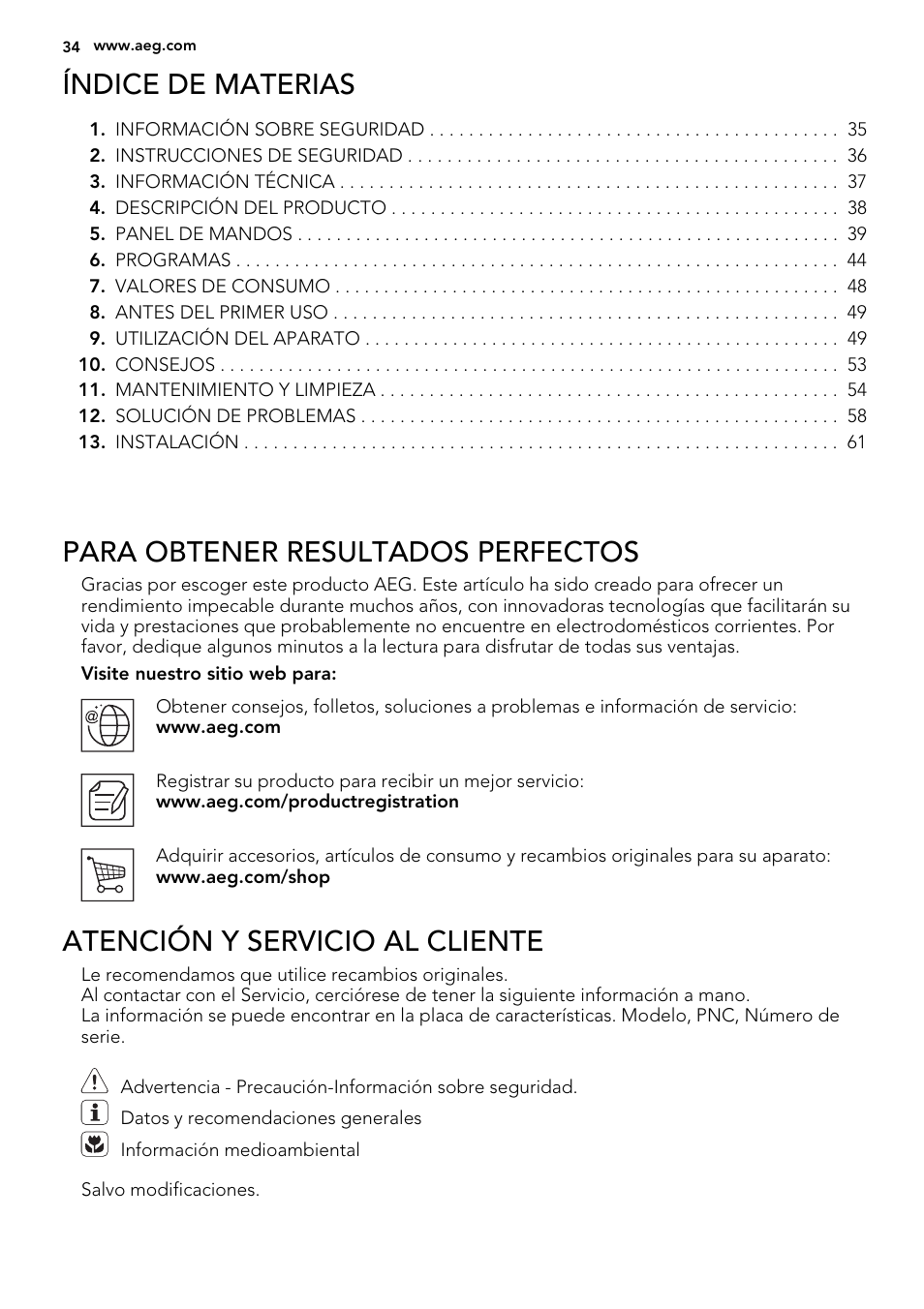 Índice de materias, Para obtener resultados perfectos, Atención y servicio al cliente | AEG L85275XFL User Manual | Page 34 / 68