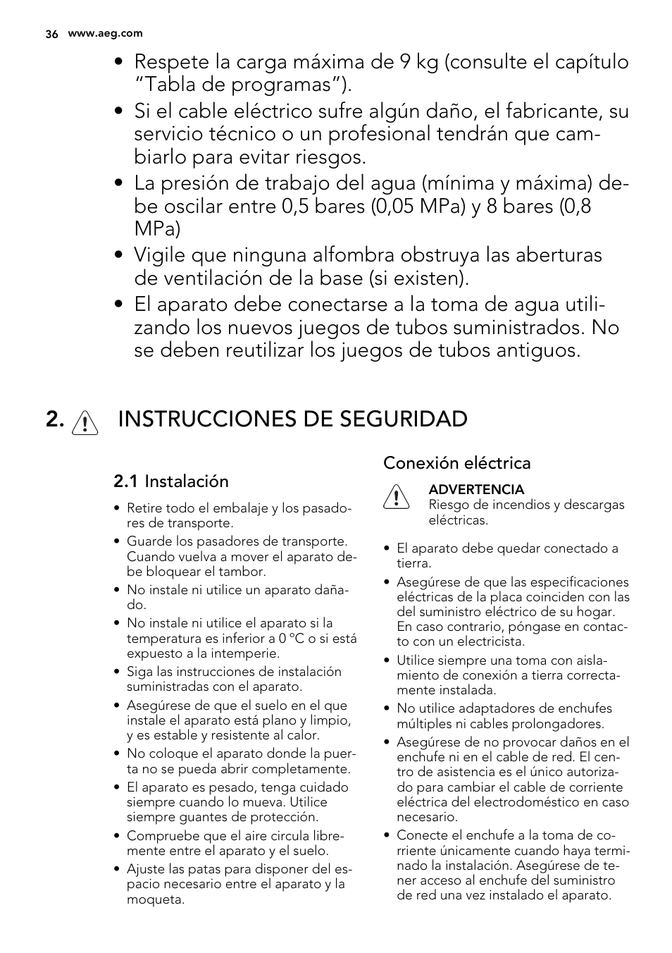 Instrucciones de seguridad | AEG L85275XFL User Manual | Page 36 / 68