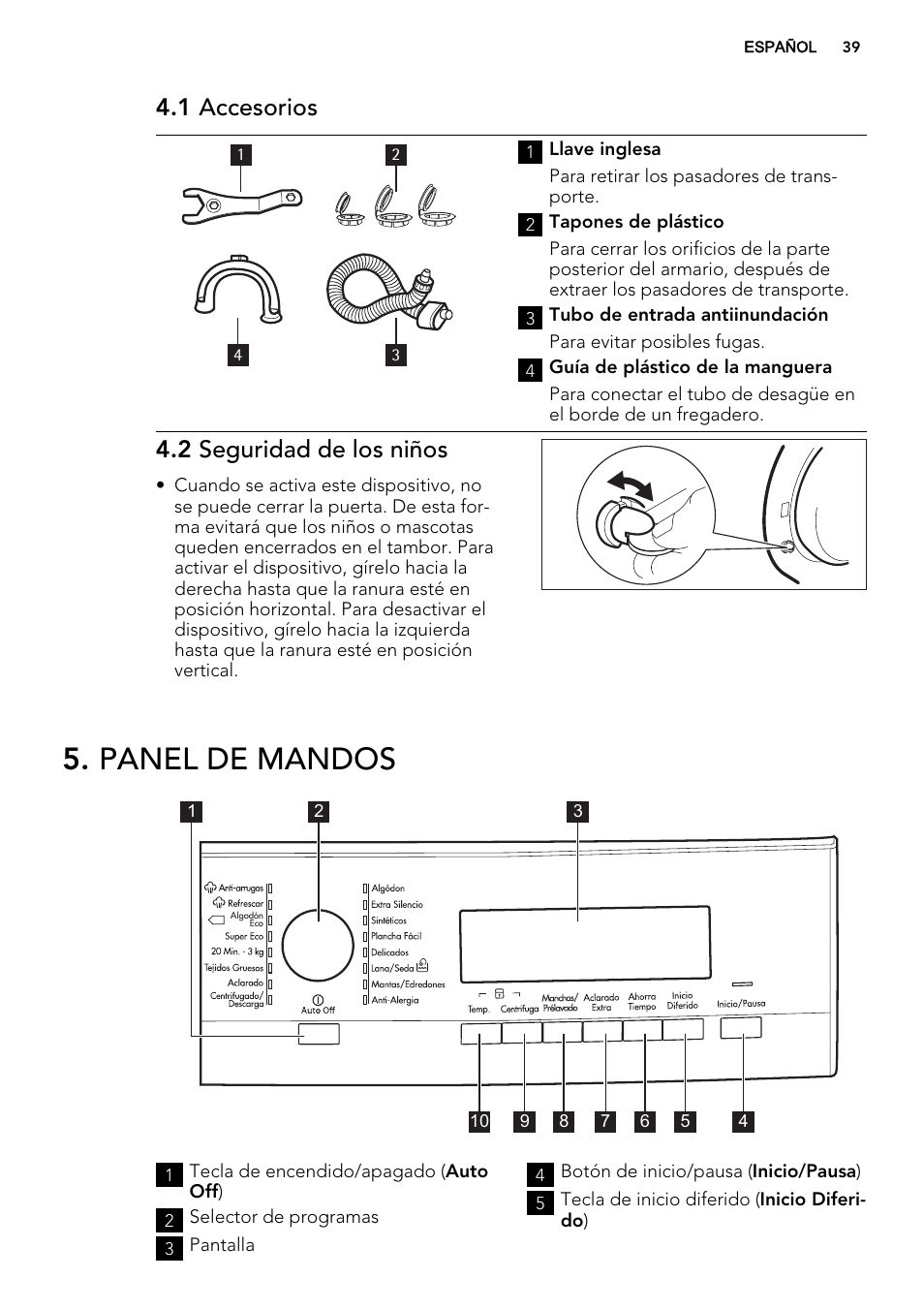 Panel de mandos, 1 accesorios, 2 seguridad de los niños | AEG L85275XFL User Manual | Page 39 / 68