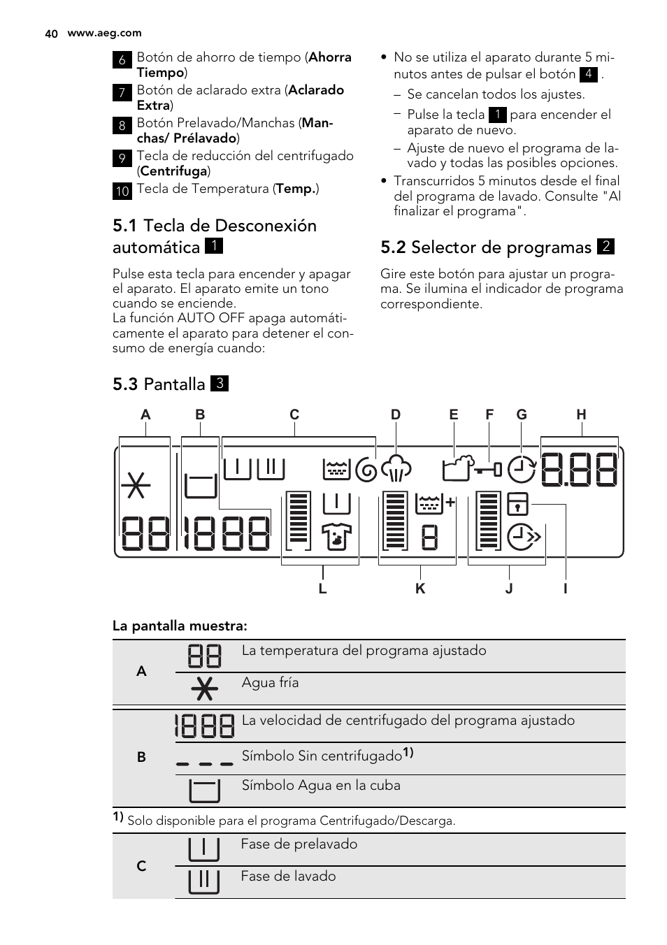 1 tecla de desconexión automática, 2 selector de programas, 3 pantalla | AEG L85275XFL User Manual | Page 40 / 68