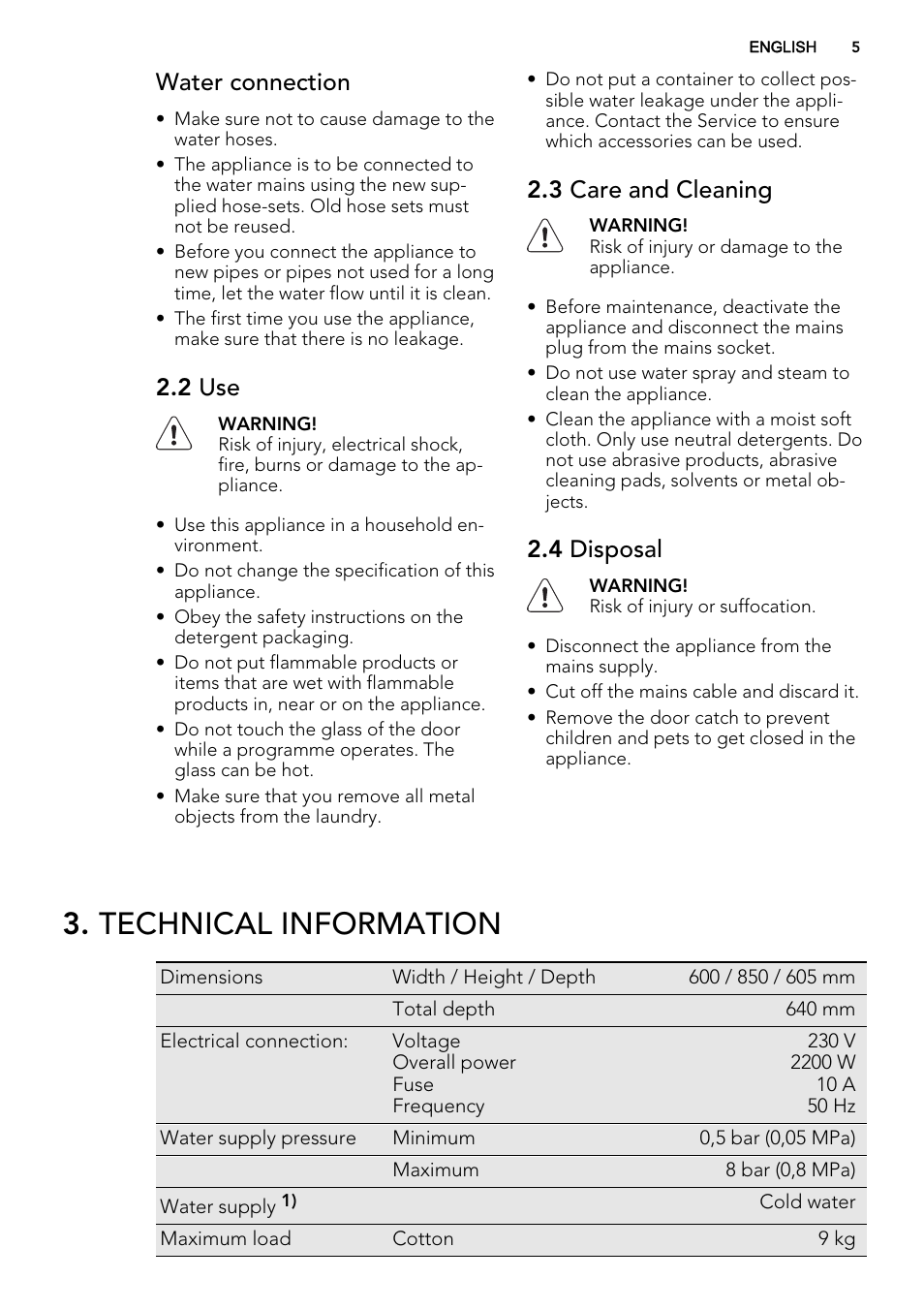 Technical information, Water connection, 2 use | 3 care and cleaning, 4 disposal | AEG L85275XFL User Manual | Page 5 / 68