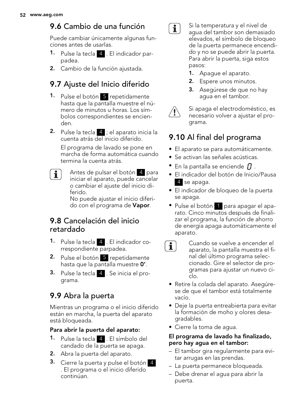 6 cambio de una función, 7 ajuste del inicio diferido, 8 cancelación del inicio retardado | 9 abra la puerta, 10 al final del programa | AEG L85275XFL User Manual | Page 52 / 68