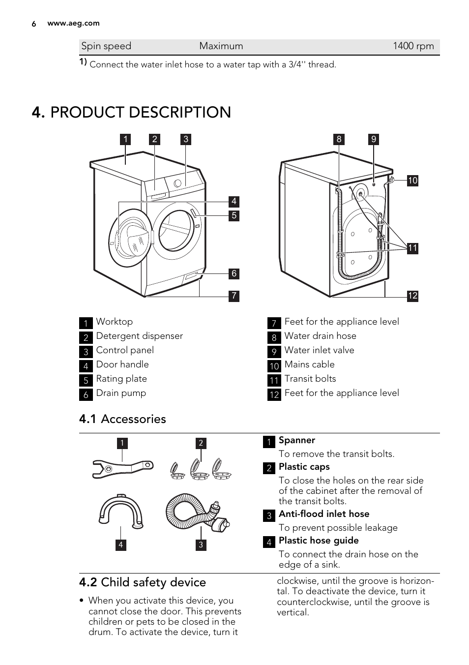 Product description, 1 accessories, 2 child safety device | AEG L85275XFL User Manual | Page 6 / 68