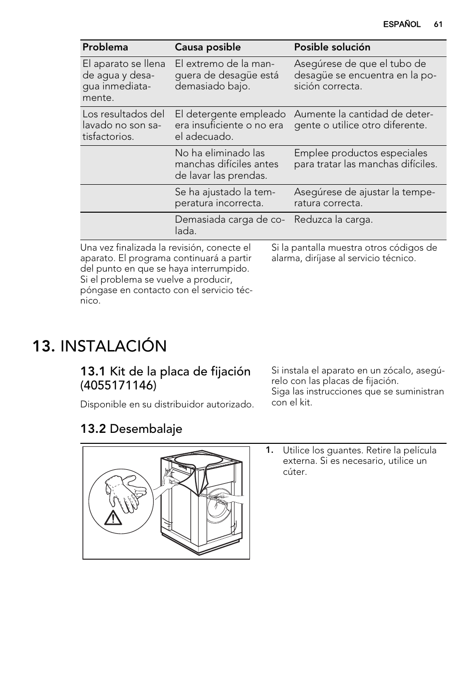 Instalación, 2 desembalaje | AEG L85275XFL User Manual | Page 61 / 68