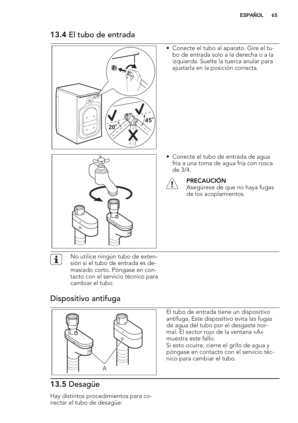 4 el tubo de entrada, Dispositivo antifuga, 5 desagüe | AEG L85275XFL User Manual | Page 65 / 68