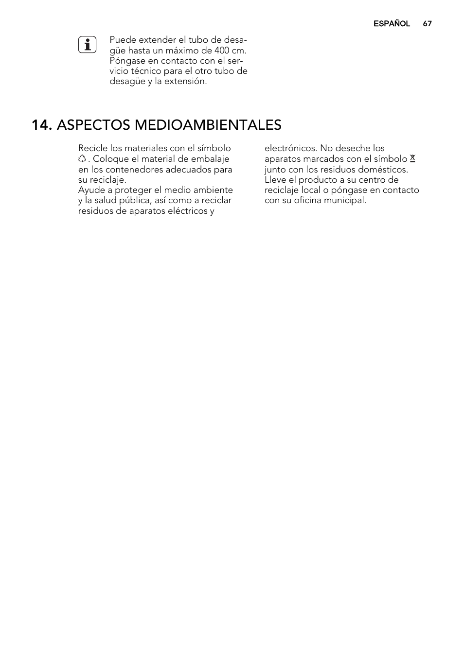 Aspectos medioambientales | AEG L85275XFL User Manual | Page 67 / 68