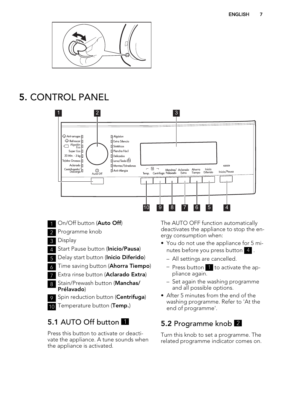 Control panel, 1 auto off button, 2 programme knob | AEG L85275XFL User Manual | Page 7 / 68