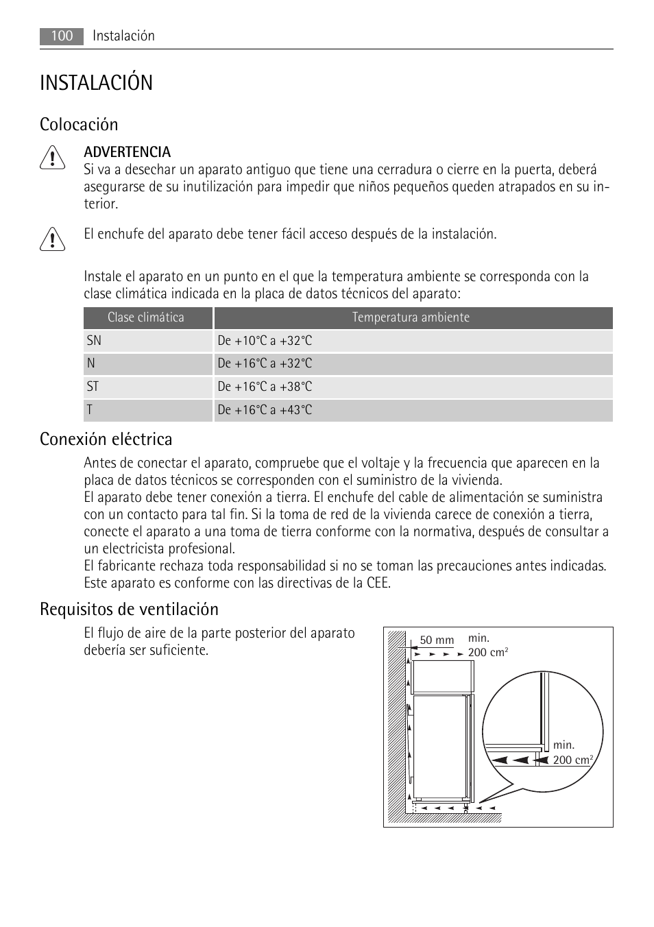 Instalación, Colocación, Conexión eléctrica | Requisitos de ventilación | AEG AGN81800F0 User Manual | Page 100 / 104