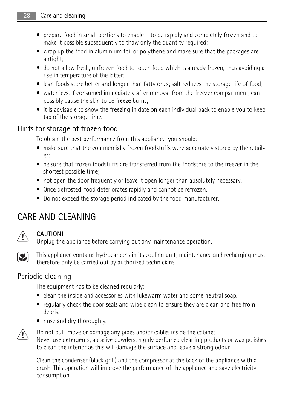 Care and cleaning, Hints for storage of frozen food, Periodic cleaning | AEG AGN81800F0 User Manual | Page 28 / 104