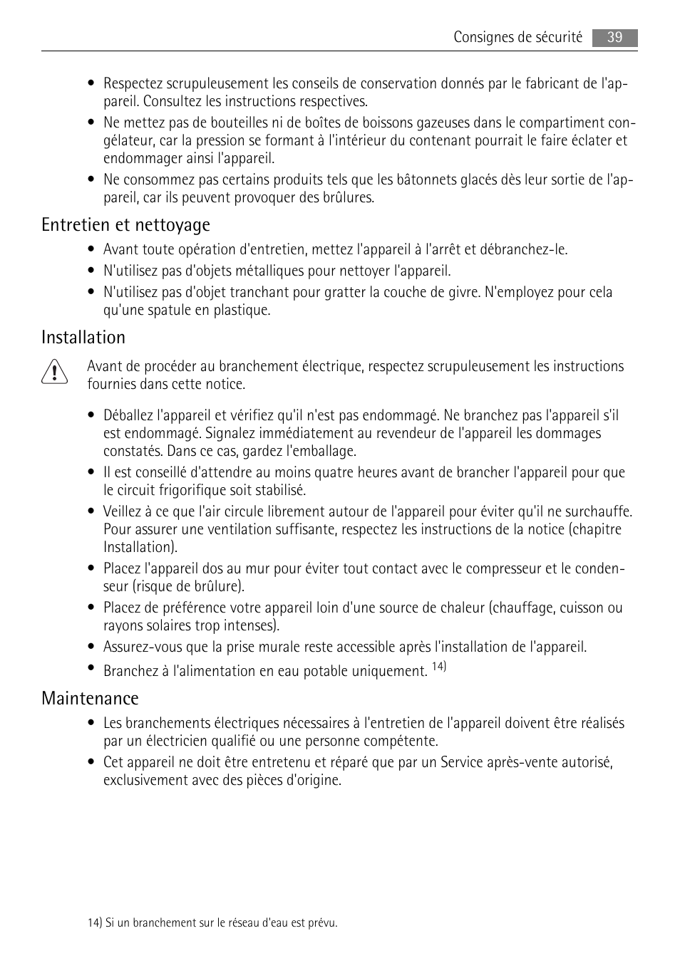 Entretien et nettoyage, Installation, Maintenance | AEG AGN81800F0 User Manual | Page 39 / 104