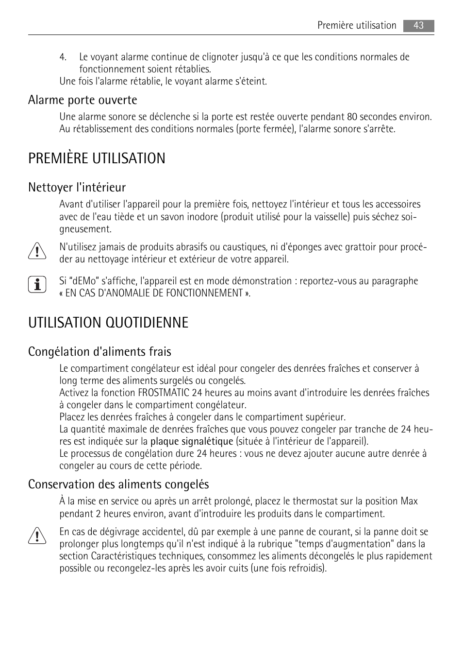 Première utilisation, Utilisation quotidienne, Alarme porte ouverte | Nettoyer l'intérieur, Congélation d'aliments frais, Conservation des aliments congelés | AEG AGN81800F0 User Manual | Page 43 / 104