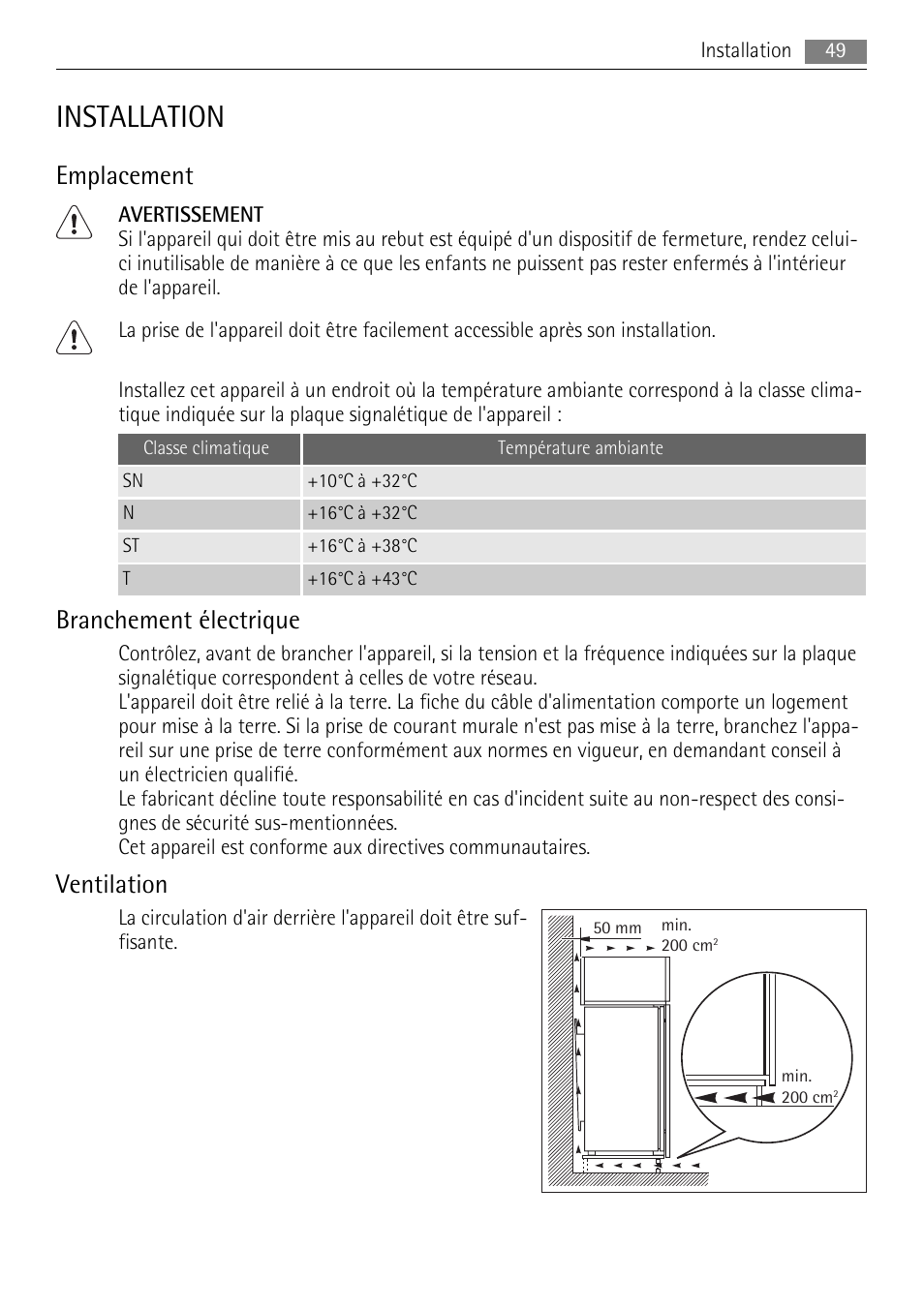 Installation, Emplacement, Branchement électrique | Ventilation | AEG AGN81800F0 User Manual | Page 49 / 104