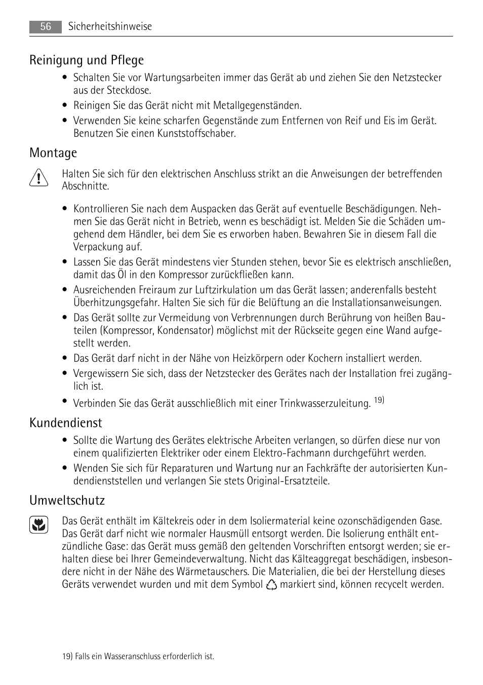 Reinigung und pflege, Montage, Kundendienst | Umweltschutz | AEG AGN81800F0 User Manual | Page 56 / 104