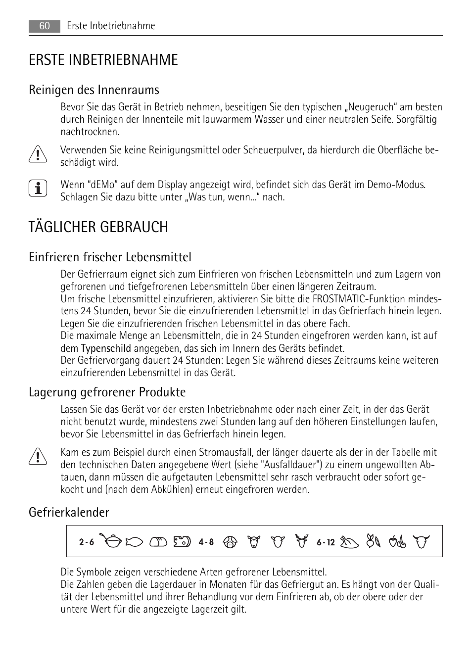 Erste inbetriebnahme, Täglicher gebrauch, Reinigen des innenraums | Einfrieren frischer lebensmittel, Lagerung gefrorener produkte, Gefrierkalender | AEG AGN81800F0 User Manual | Page 60 / 104
