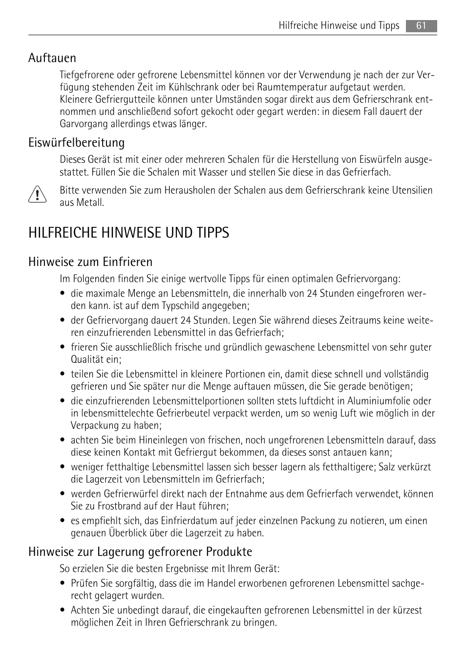 Hilfreiche hinweise und tipps, Auftauen, Eiswürfelbereitung | Hinweise zum einfrieren, Hinweise zur lagerung gefrorener produkte | AEG AGN81800F0 User Manual | Page 61 / 104