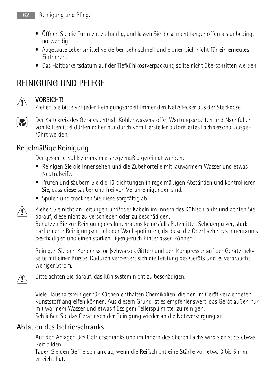 Reinigung und pflege, Regelmäßige reinigung, Abtauen des gefrierschranks | AEG AGN81800F0 User Manual | Page 62 / 104