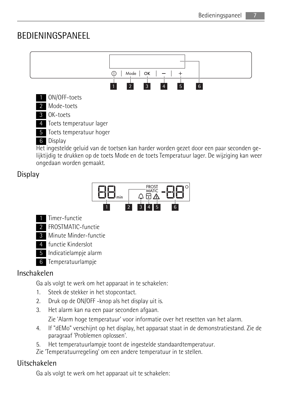 Bedieningspaneel, Display, Inschakelen | Uitschakelen | AEG AGN81800F0 User Manual | Page 7 / 104