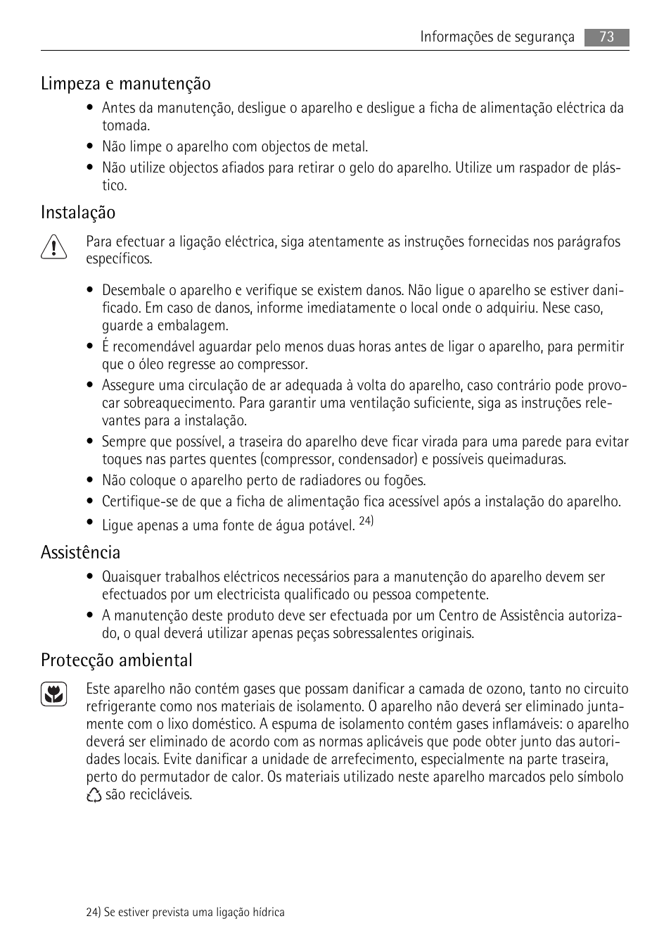 Limpeza e manutenção, Instalação, Assistência | Protecção ambiental | AEG AGN81800F0 User Manual | Page 73 / 104