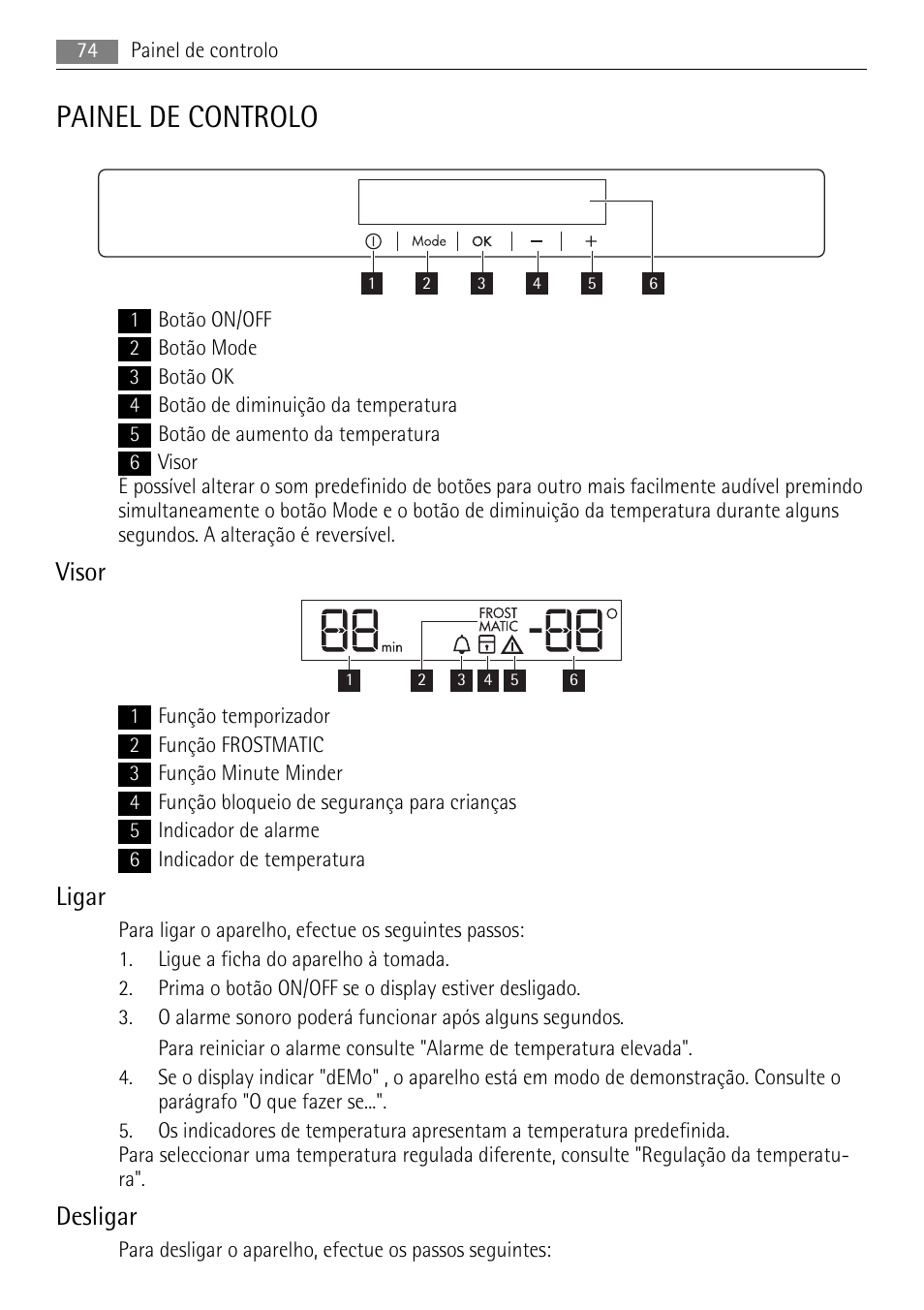 Painel de controlo, Visor, Ligar | Desligar | AEG AGN81800F0 User Manual | Page 74 / 104