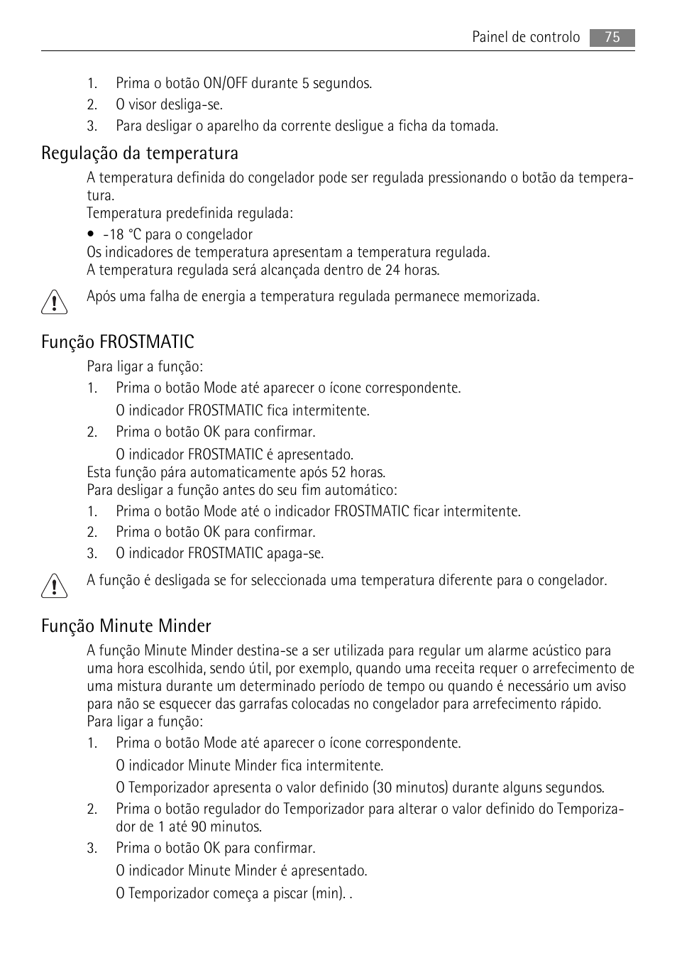 Regulação da temperatura, Função frostmatic, Função minute minder | AEG AGN81800F0 User Manual | Page 75 / 104