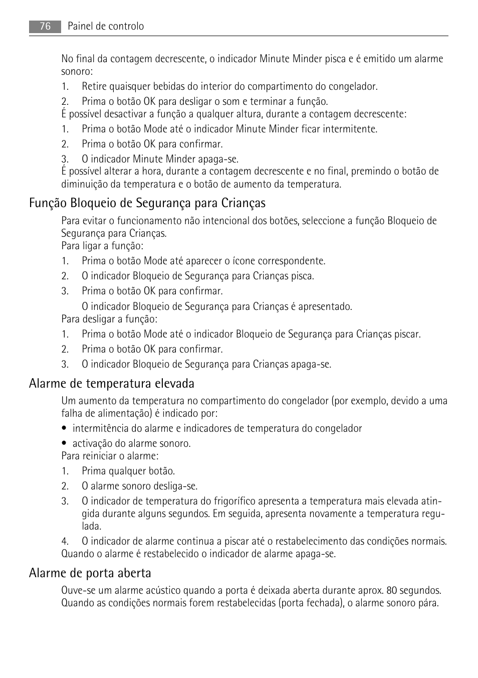 Função bloqueio de segurança para crianças, Alarme de temperatura elevada, Alarme de porta aberta | AEG AGN81800F0 User Manual | Page 76 / 104