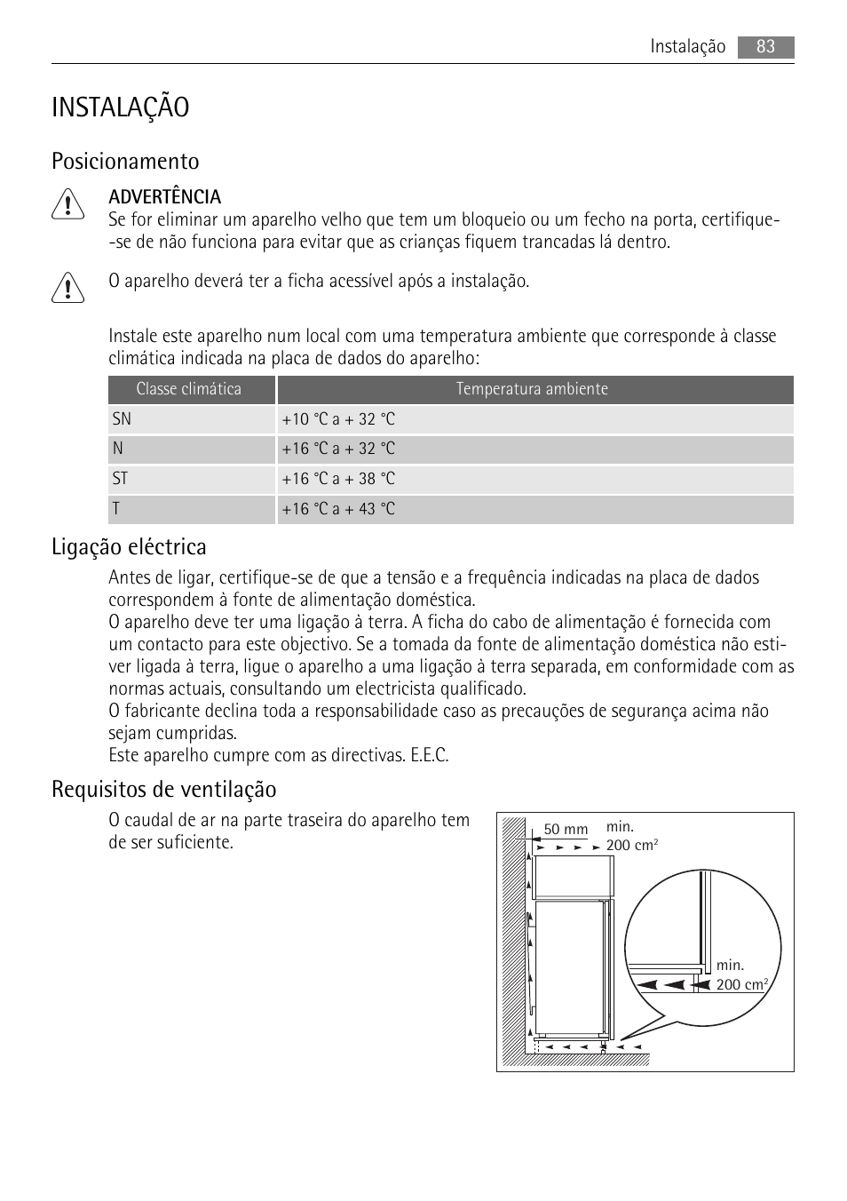 Instalação, Posicionamento, Ligação eléctrica | Requisitos de ventilação | AEG AGN81800F0 User Manual | Page 83 / 104