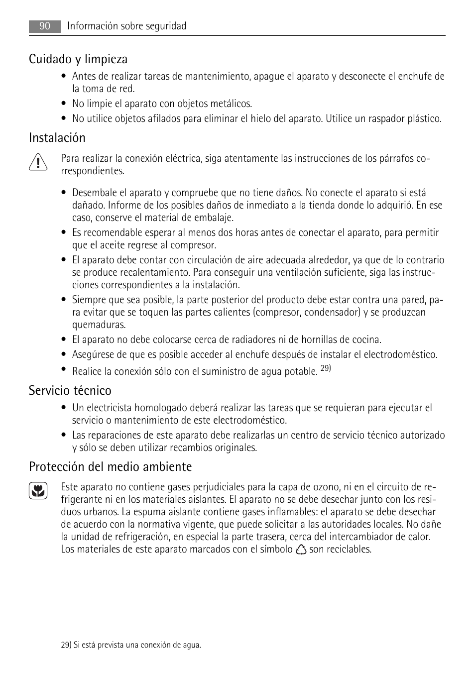 Cuidado y limpieza, Instalación, Servicio técnico | Protección del medio ambiente | AEG AGN81800F0 User Manual | Page 90 / 104