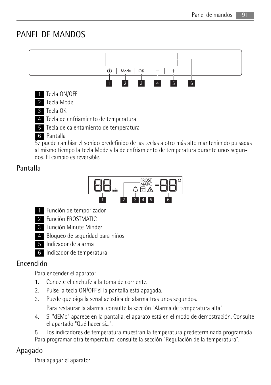 Panel de mandos, Pantalla, Encendido | Apagado | AEG AGN81800F0 User Manual | Page 91 / 104