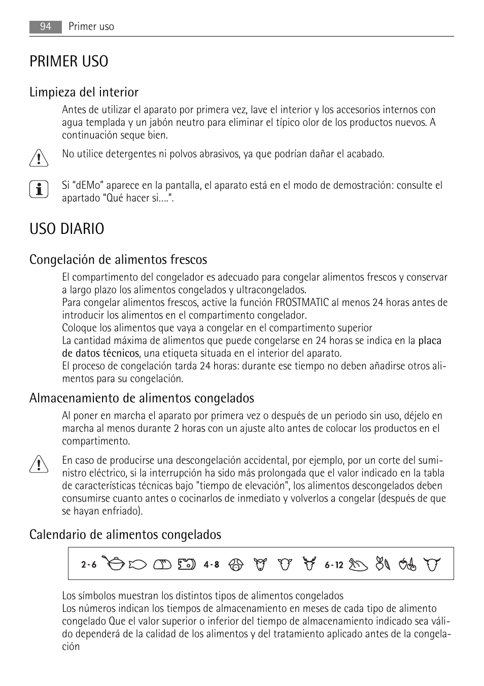 Primer uso, Uso diario, Limpieza del interior | Congelación de alimentos frescos, Almacenamiento de alimentos congelados, Calendario de alimentos congelados | AEG AGN81800F0 User Manual | Page 94 / 104