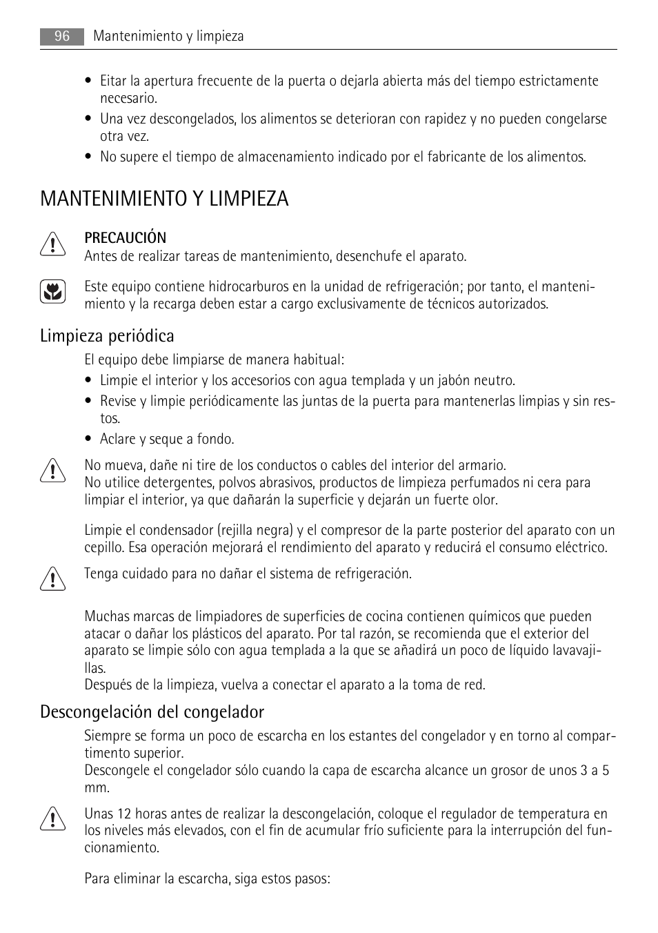 Mantenimiento y limpieza, Limpieza periódica, Descongelación del congelador | AEG AGN81800F0 User Manual | Page 96 / 104