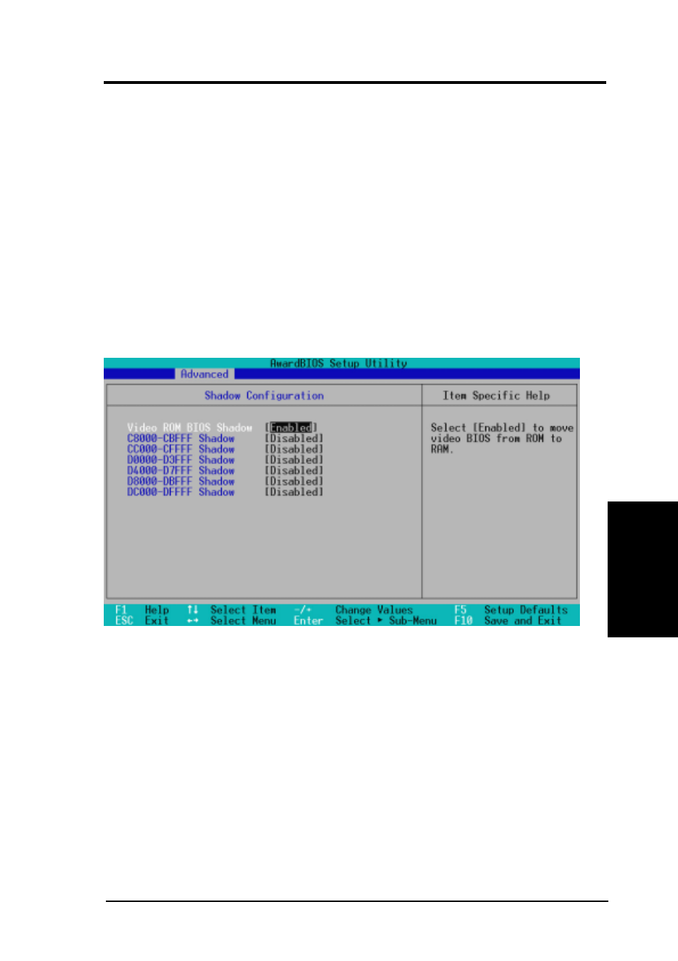 Bios setup, 4 shadow configuration | Asus 820E User Manual | Page 67 / 124