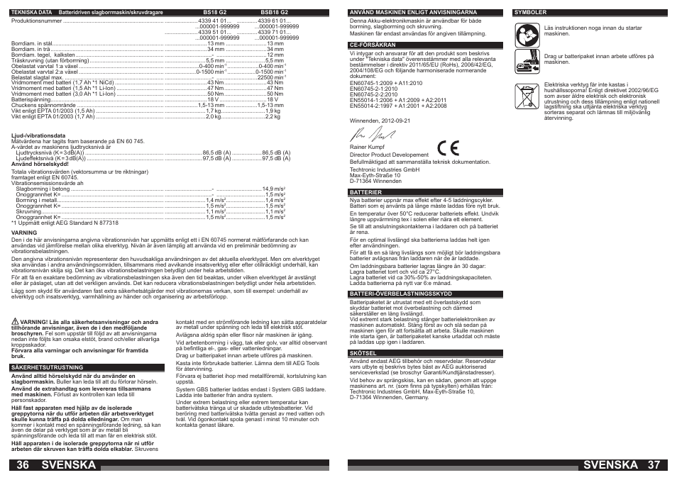 Svenska | AEG BS 18 G User Manual | Page 19 / 37