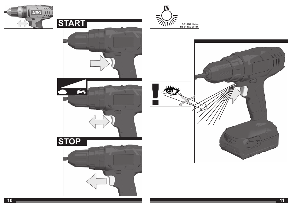 Start stop | AEG BS 18 G User Manual | Page 6 / 37