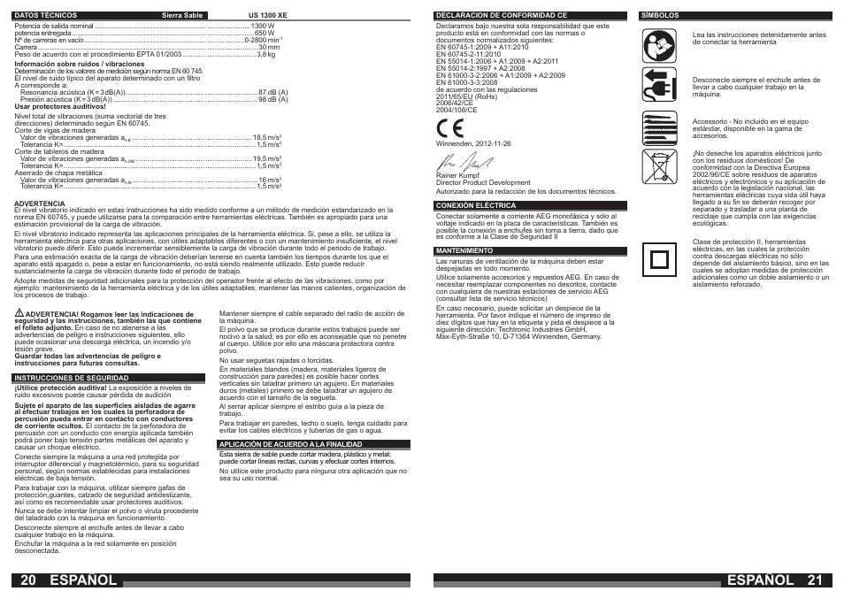 Español | AEG US 1300 XE User Manual | Page 11 / 35