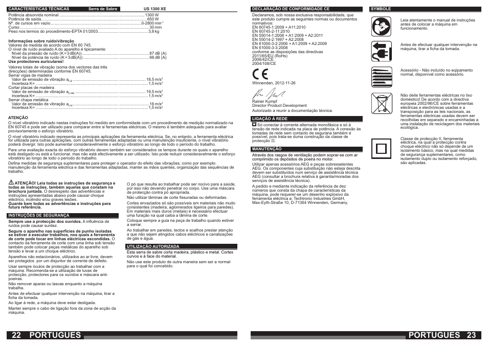 Portugues | AEG US 1300 XE User Manual | Page 12 / 35