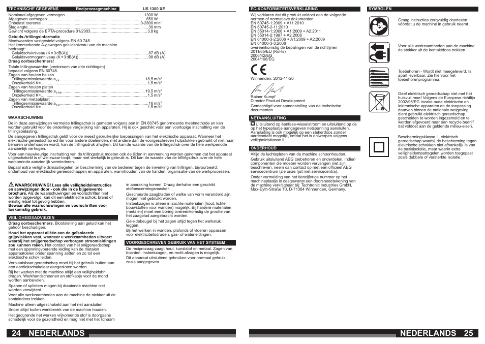 Nederlands | AEG US 1300 XE User Manual | Page 13 / 35