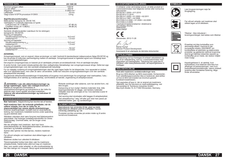 Dansk | AEG US 1300 XE User Manual | Page 14 / 35