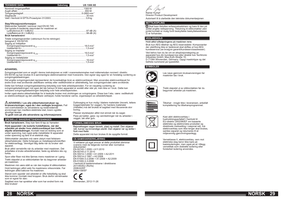 Norsk | AEG US 1300 XE User Manual | Page 15 / 35