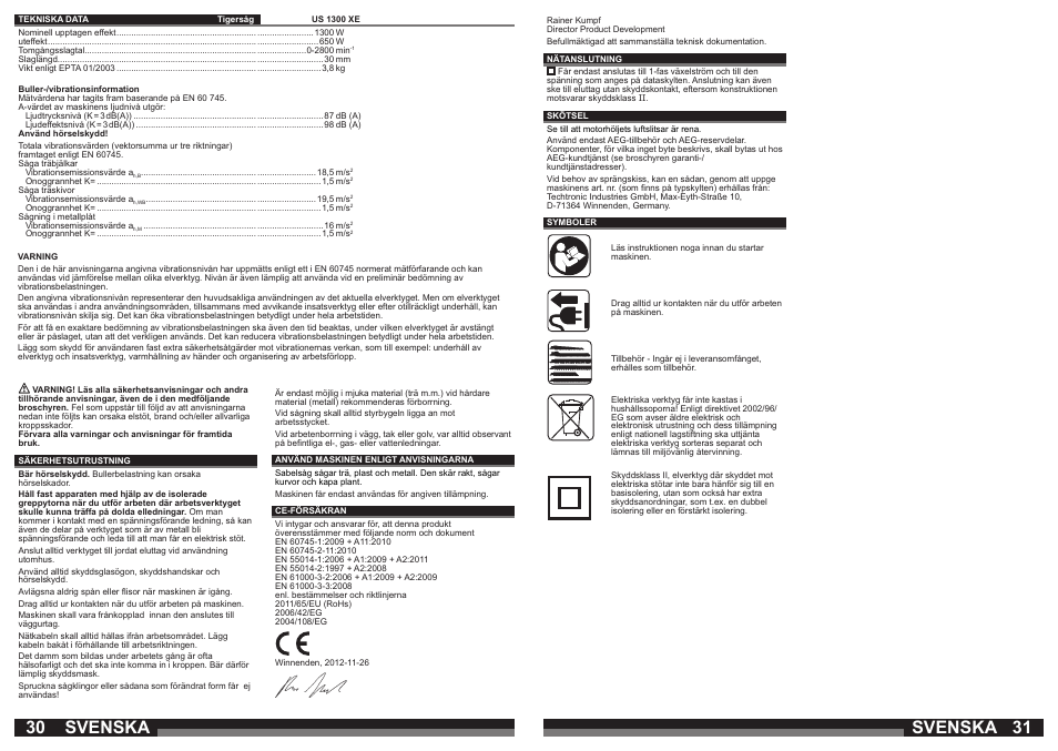 Svenska | AEG US 1300 XE User Manual | Page 16 / 35