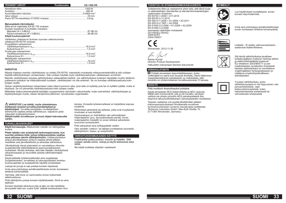 Suomi | AEG US 1300 XE User Manual | Page 17 / 35